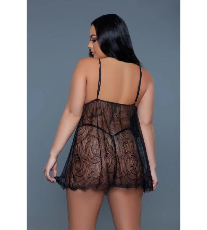 Be Wicked Luxurious Daisy 2 Piece Floral Lace Babydoll Set,,SIZE 2X