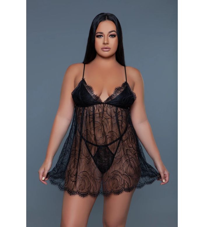 Be Wicked Luxurious Daisy 2 Piece Floral Lace Babydoll Set,,SIZE 2X