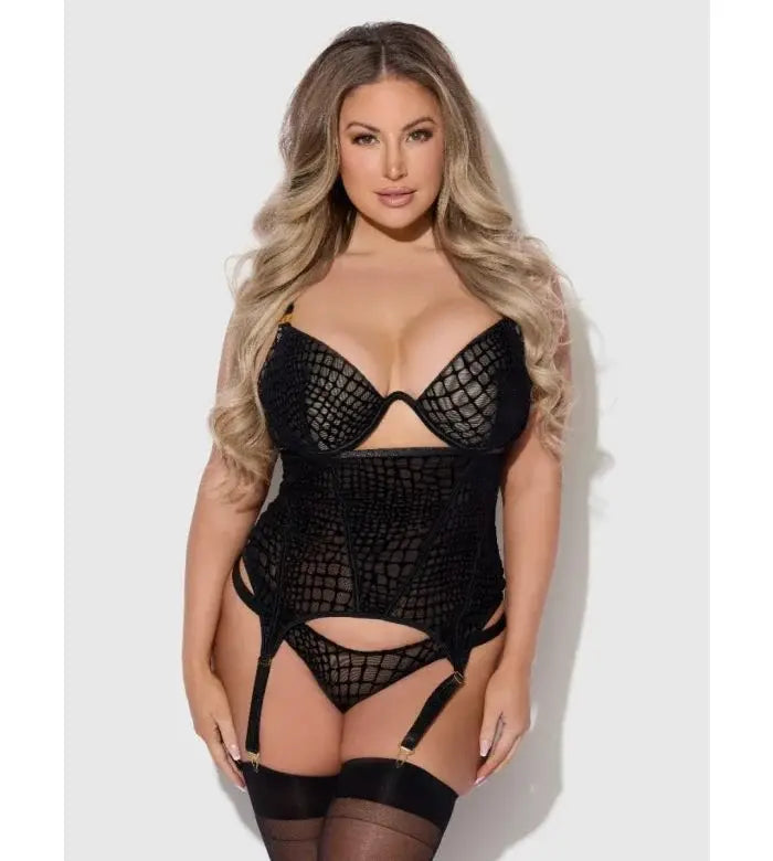 Snake Velvet-Burnout Mesh Bustier & Thong Set