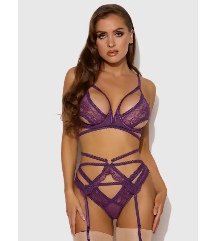 Bianca Strappy Lace Bra, Garter & Hipster Set - LARGE